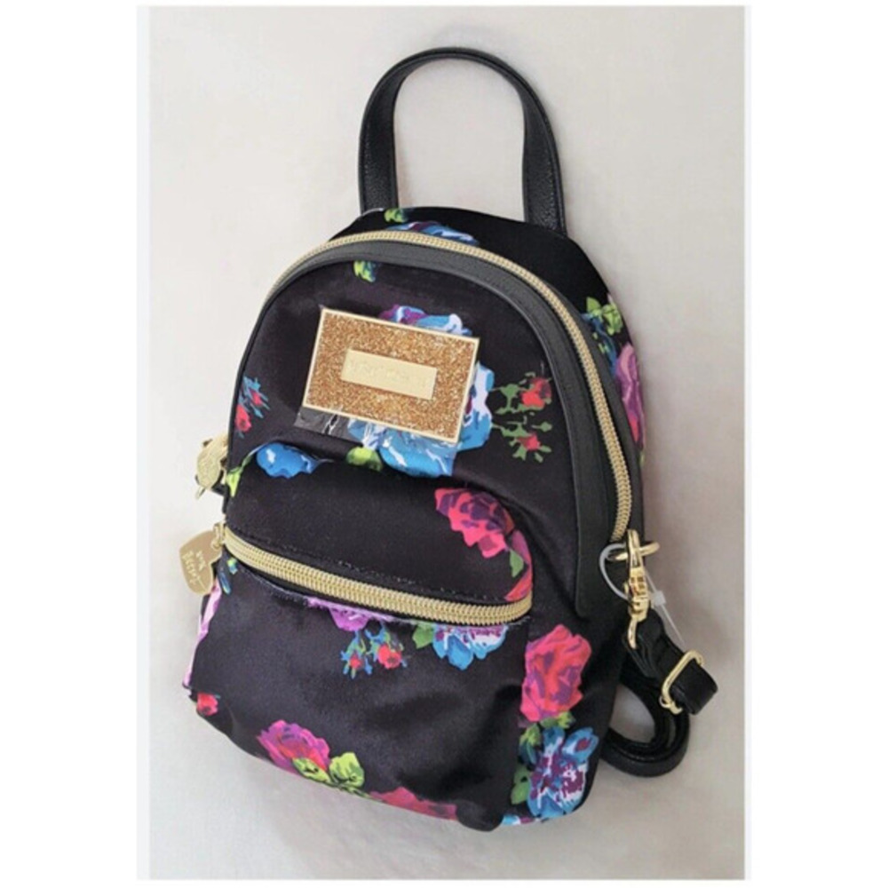 Betsey Johnson Y2K Black Multi Floral Velvet Mini Backpack Convertible Like‎